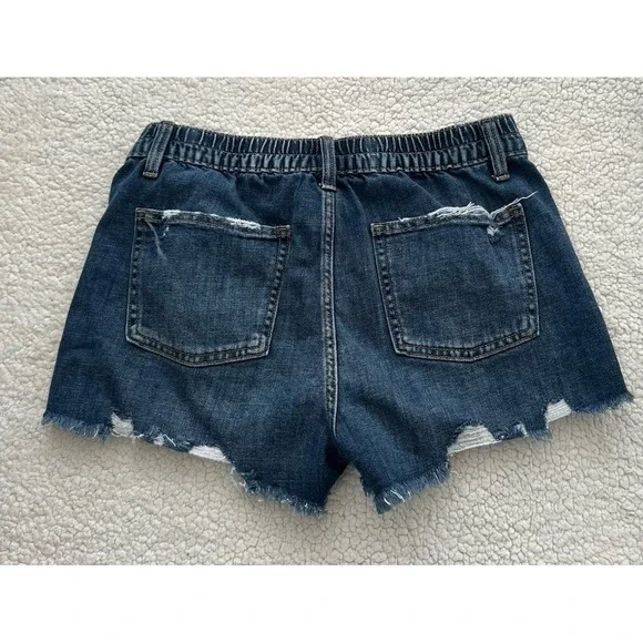 Aerie Women's Blue Denim Jean Shorts Size Small Elastic Waist Distressed Hem - Picture 7 of 7